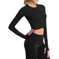 thumbnail image 4 of Hauts Courts à Col Rond pour Femmes, Croisé sur le Ventre, Manches Longues Ou Courtes, Chemise de Sport pour Yoga, Entraînement Physique, Course, Manches Longues, Noir S, 4 of 5