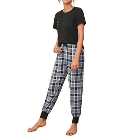 

Womens Pajama Sets Drawstring Round Neck Sleepwear Multicolor L