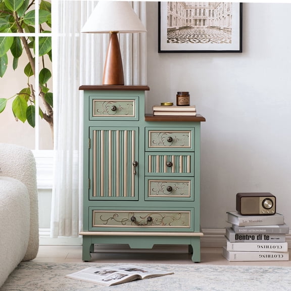 Sage Green Vintage Accent Storage Cabinet with Drawer and Door, Narrow Carved Wood Side Cabinet for Living Room, Bedroom or Small Spaces