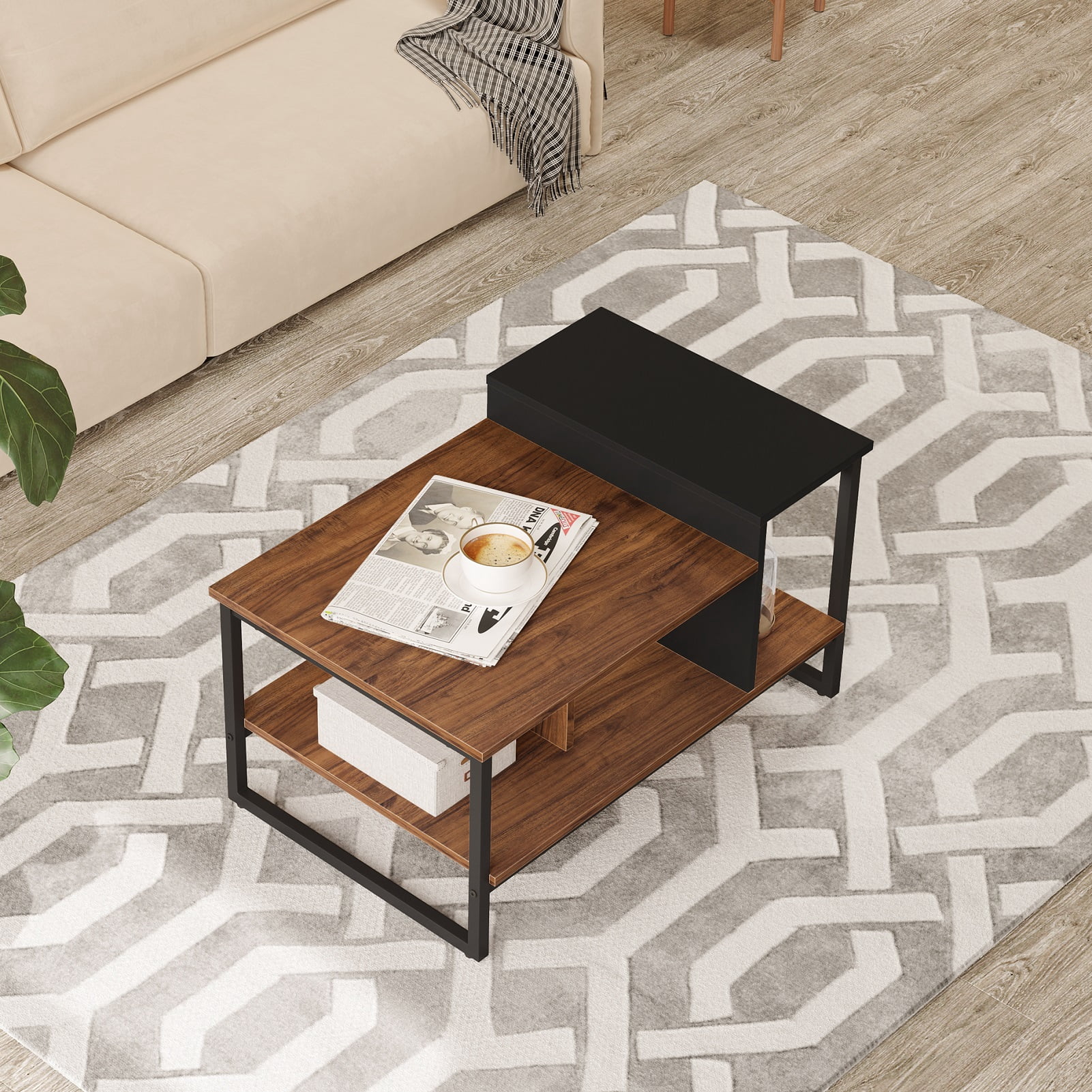Hommoi Modern Wood and Metal Coffee Table with Storage, Black/Brown
