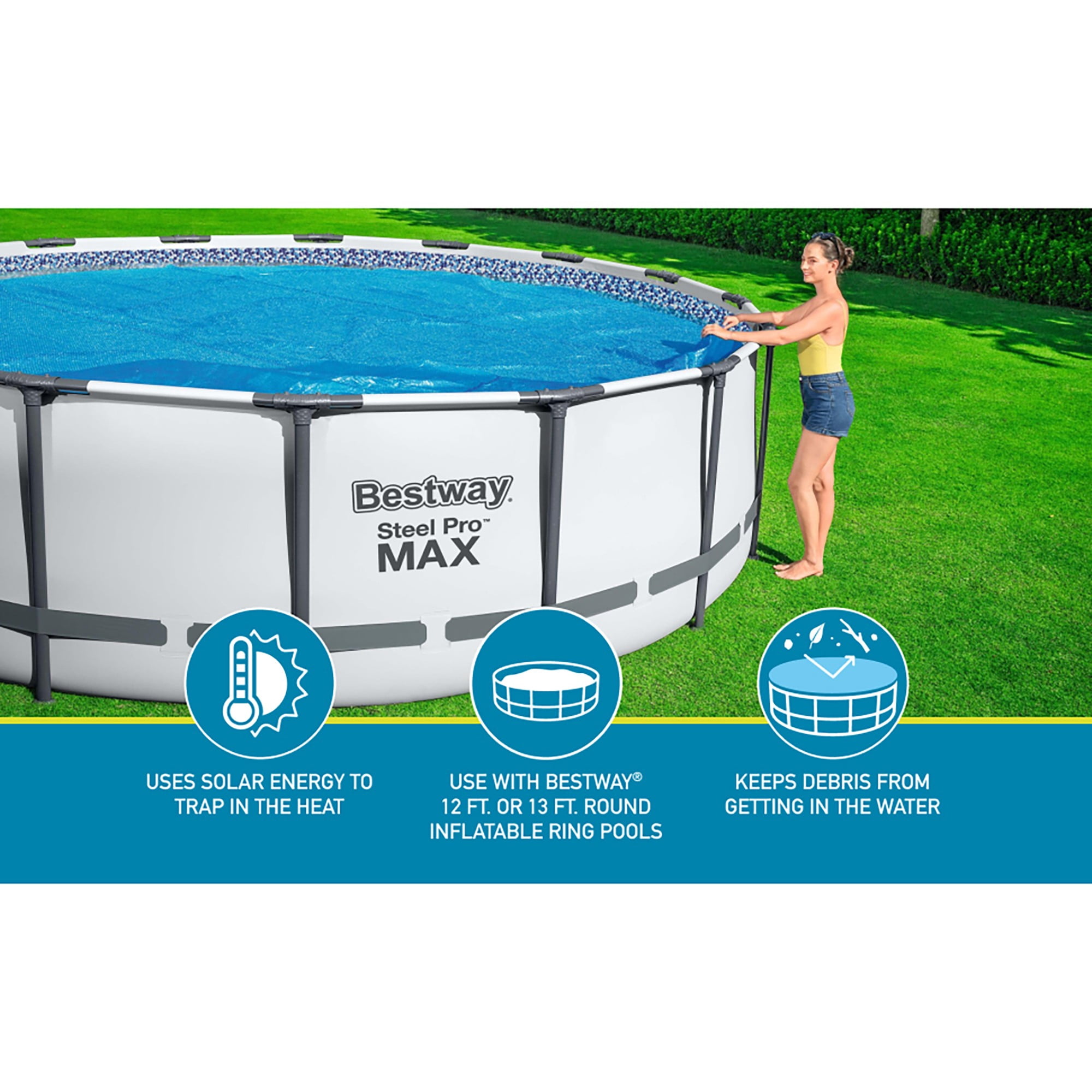 Flowclear: 12' Solar Pool Cover - Round Above Ground Pool Protector, Clean Water Maintenance Accessory, Solar Energy Heats Water, Keep Out Debris