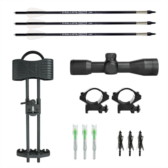 Ballista Crossbow Hunting Kit – 4x32 Scope, 16" STING Carbon Bolts, 100gr Broadheads, Lighted Nocks, 4-Arrow Picatinny Quiver