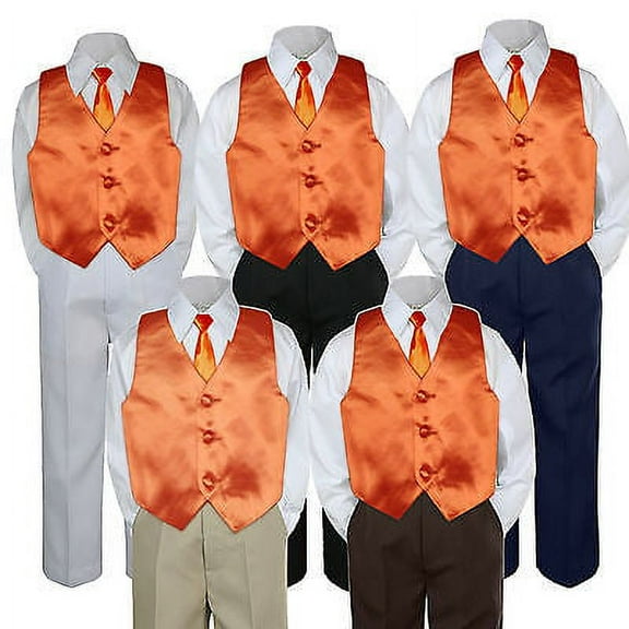 4pc Boy Suit Set Orange Necktie Vest Baby Toddler Kid Formal Pants S-7