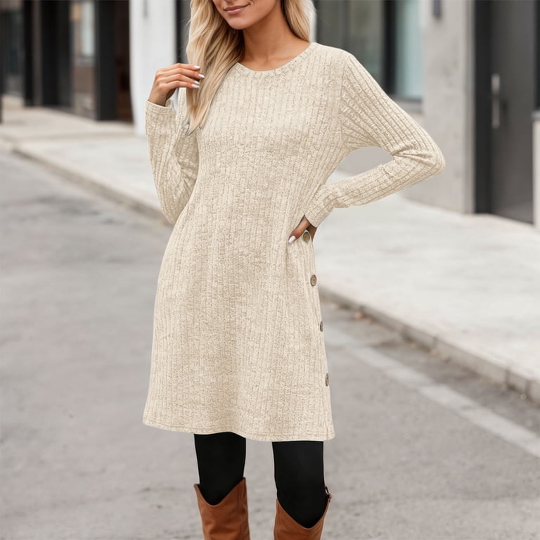 IWRICH Women's Fall and Winter Tunic Dress with Pockets Long Sleeve Crew  Neck Buttons Side Beige M