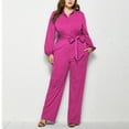 thumbnail image 3 of qolati Plus Size Jumpsuits for Women Dressy Button Down V Neck Long Sleeve High Waist Belted Wide Leg Elegant Formal Romper Jumpsuits Pockets, 3 of 5
