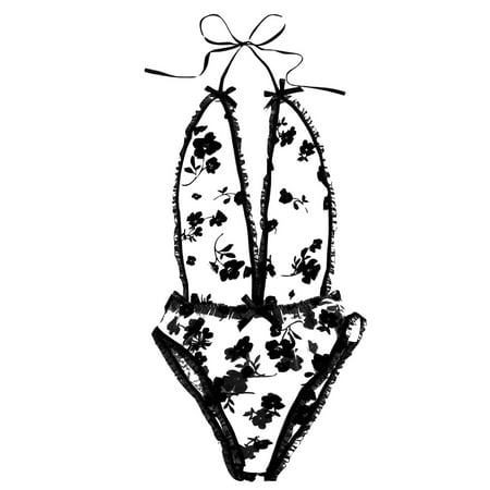 

Skpblutn Plus Size Lingerie Bodysuit for Women Bow Tie Embroidery Deep V Lace Teddy Underwear Bodydoll Overalls Black
