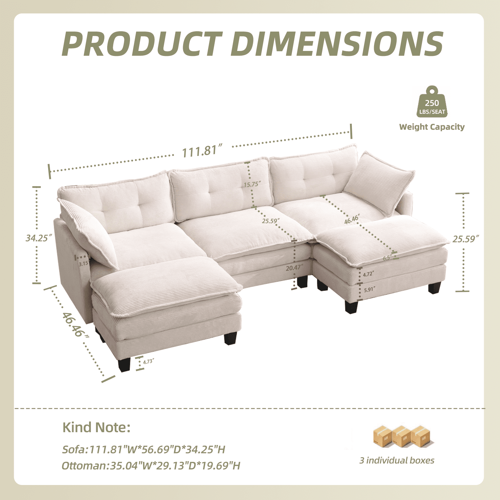 AIKEMING 112" U-Shaped Cloud Couch, Oversized Modular Sectional Sofa with 3-Seater Comfy Couch and 2 Movable Ottomans for Living Room, Beige
