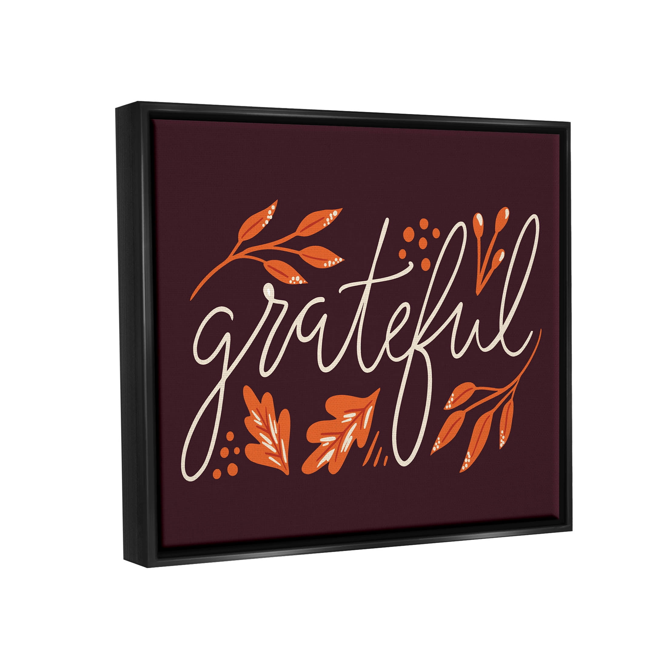 Grateful Autumnal Leaves Phrase Holiday Graphic Art Jet Black Framed Art Print Wall Art