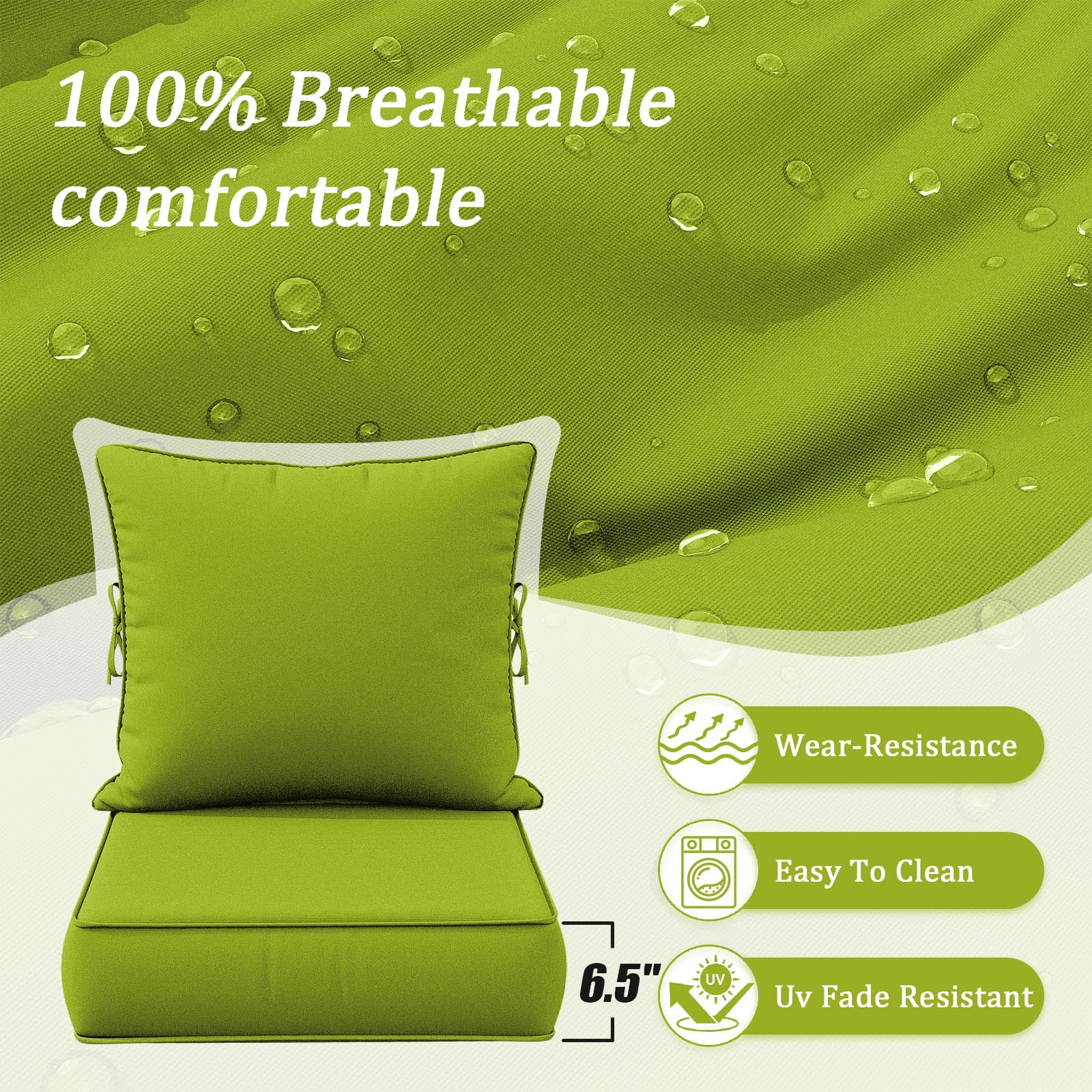 Snubbull Outdoor Deep Seat Cushion Set 24 X 24 X 6.5 Inch Splash-Proof & Fadeness Patio Furniture Cushions，Removable Outdoor Couch Cushions with Hidden Zipper & Adjustment Staps, Grass Green