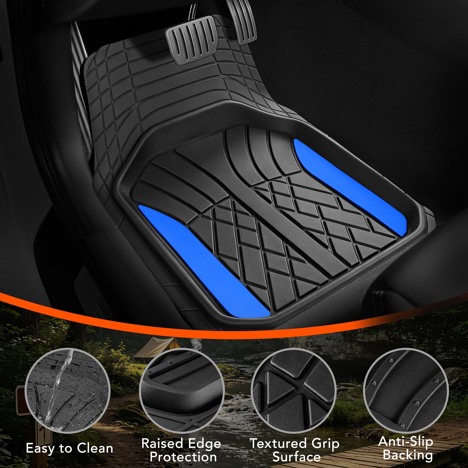 Ozark Trail Rubber Car Floor Mats, Heavy Duty Rubber Floor Mats, Injection Molded Aluminum Film, Trim-to-Fit All Weather Mats, Waterproof Easy-Clean Front and Rear Interior Protection, 3 Piece Blue