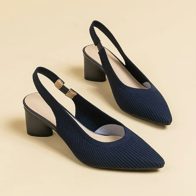 Women's Knit High Heel Sandals with Striped Design, Round Thick Heel (2 in) - 2025 Collection
