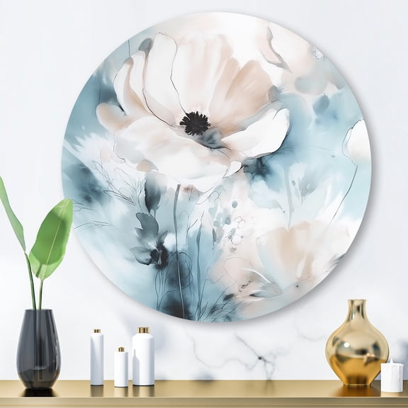 Designart "Grey Flowers Delicate II" Floral Metal Round Wall Art Prints