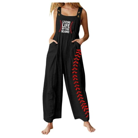 

FRXSWW Ladies Baseball Print with Pocket Jumpsuit Wide Leg Pants Bottons Backless Simple Solid Color Summer Loose Dressy Rompers Casual Jumpsuits WH2 S