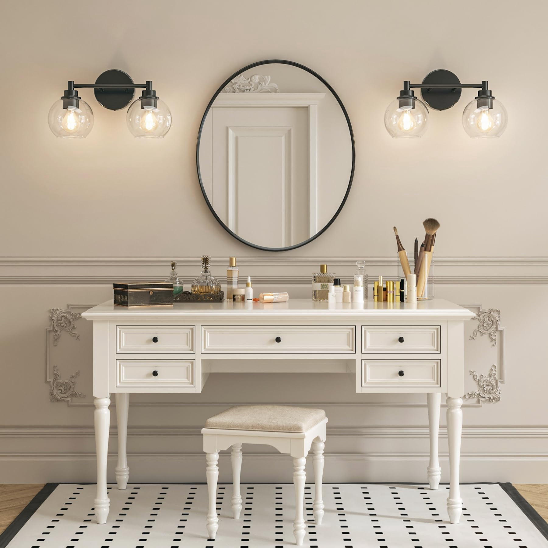 Bathroom Light Fixtures  2-light Vanity With Globe Glass Shades E26 Sockets Lights For Bedroom Hallway Living Room Black Finish