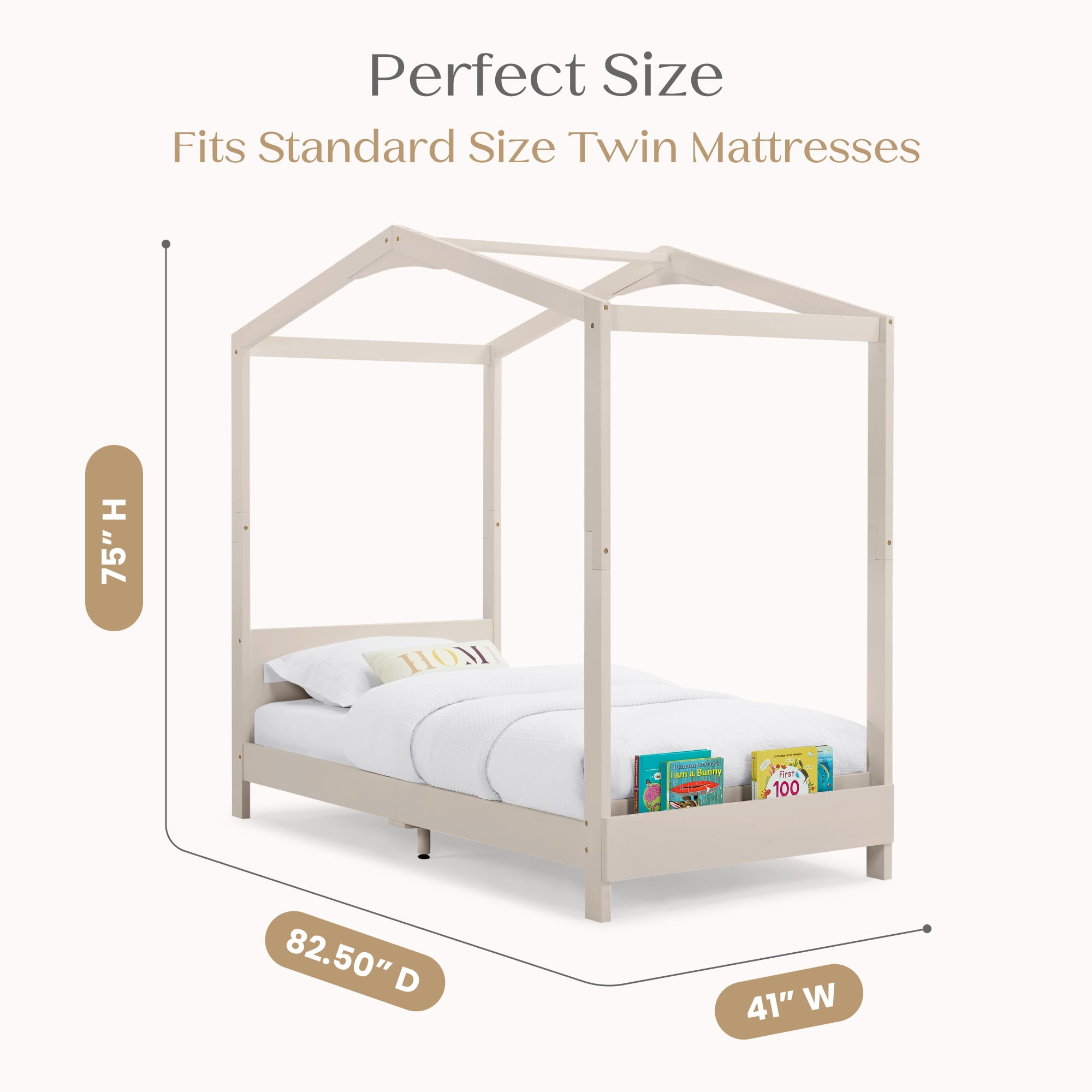 Delta Children Poppy House Wood Twin Bed, Platform Bed - No Box Spring Needed, Natural Sandstone