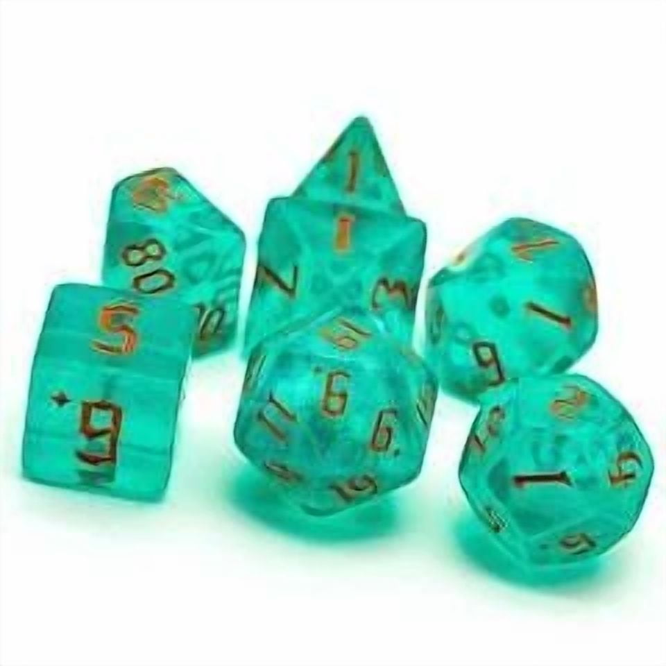 PRIME- Blue/Teal Glitter Party Dice (Red/Orange Font) 7-Dice Set Rpg Dnd