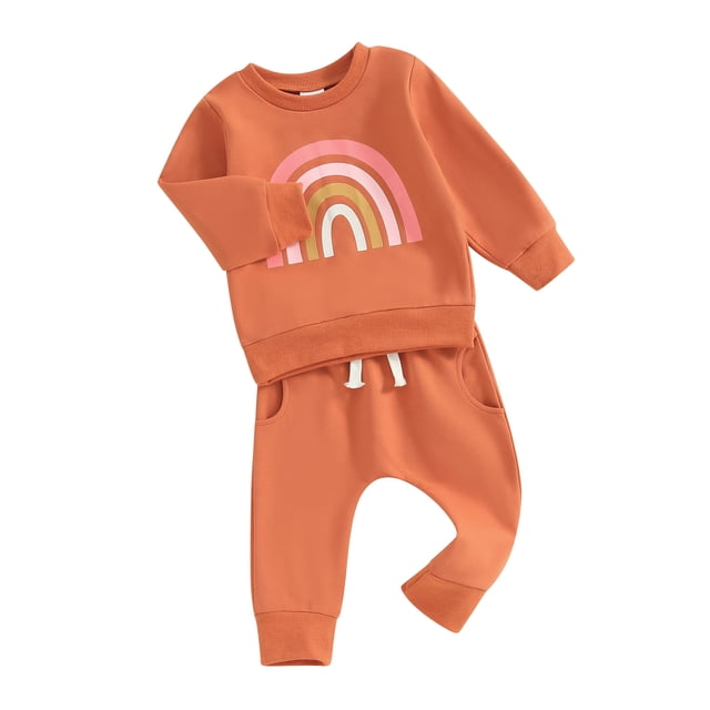Faithtur 2PCS Baby Girls Fall Outfits Long Sleeve Rainbow Print Sweatshirt + Pants Set Toddler Clothes