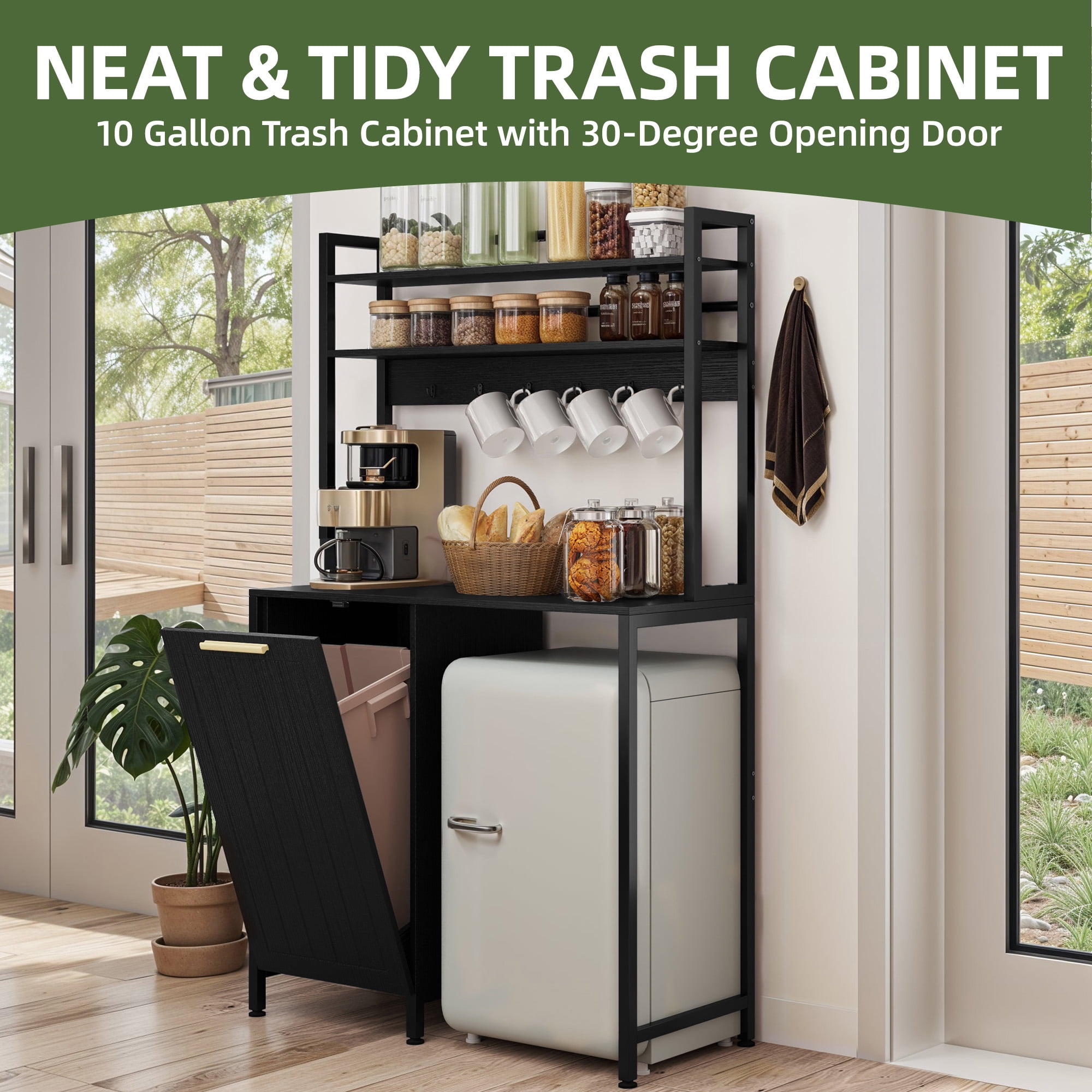 Uforic Kitchen Bakers Rack Mini Fridge Stand with Power Outlets & Trash Storage Cabinet, Black