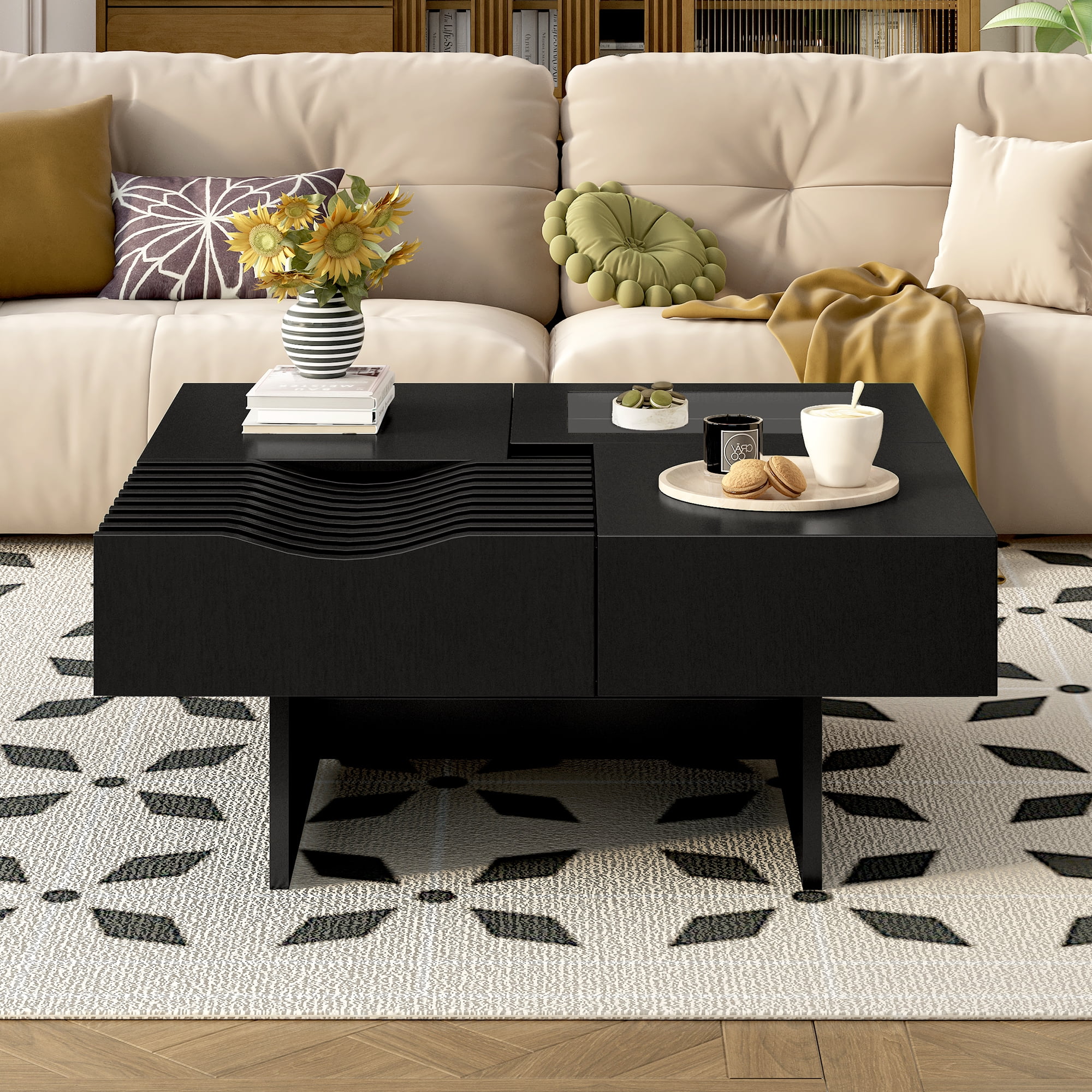 Euroco Multifunctional Square Coffee Table with Wave Design & Storage Drawers – Modern, Sturdy, Easy Assembly