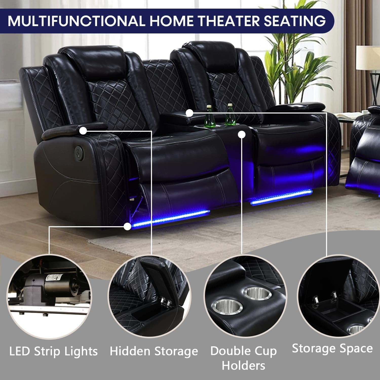 Air Leather Power Recliner Set with LED Lights, USB Port, Wireless Charger, Storage Console & Cup Holder for House, Home Theater & Apt, Black, Loveseat