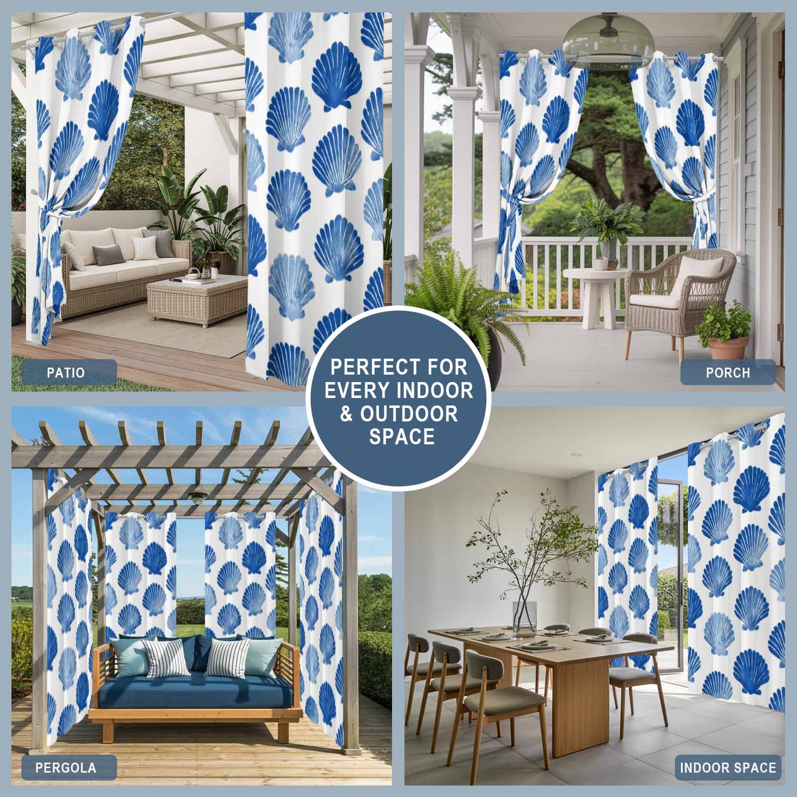 Blue Scallops Shell Outdoor Curtains for Patio, Sea Ocean Coastal Nature Summer Sunshade Privacy Drapes Grommet Waterproof Outside Curtains for Porch/Cabana/Balcony 54"x 108", 1 Panel
