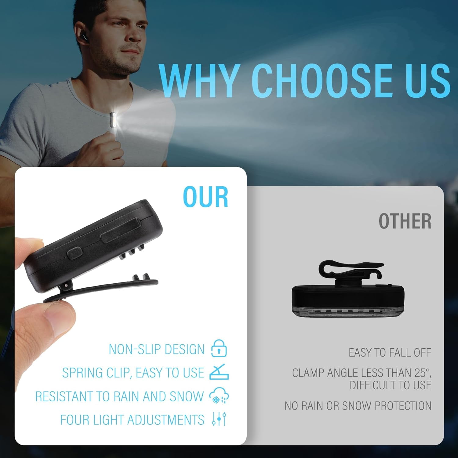 Running Light, 2 Pack Clip on Flashlight for Runners Rechargeable Safety Lights for Walking at Night Hands Free Emergency LED Flashlight Work Light Warning Flashing Camping Hiking Walking Dog