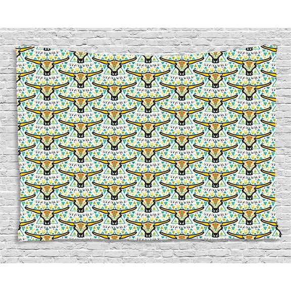 Aztec Tapestry, Stay Wild Texas Cow Skull in Boho Style on Triangle Shapes Upside Down Arrangement, Wall Hanging for Bedroom Living Room Dorm Decor, 80W X 60L Inches, Multicolor, by Ambesonne