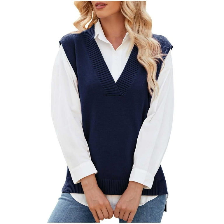 Gebreide Gilets,Dames Gebreide Gilets Marineblauw V-Hals Trui Halflange Losse Mouwloze Trui Vest Gebreide Vesten Herfst Winter Mouwloze Jumpers Tank Blouse,One Size