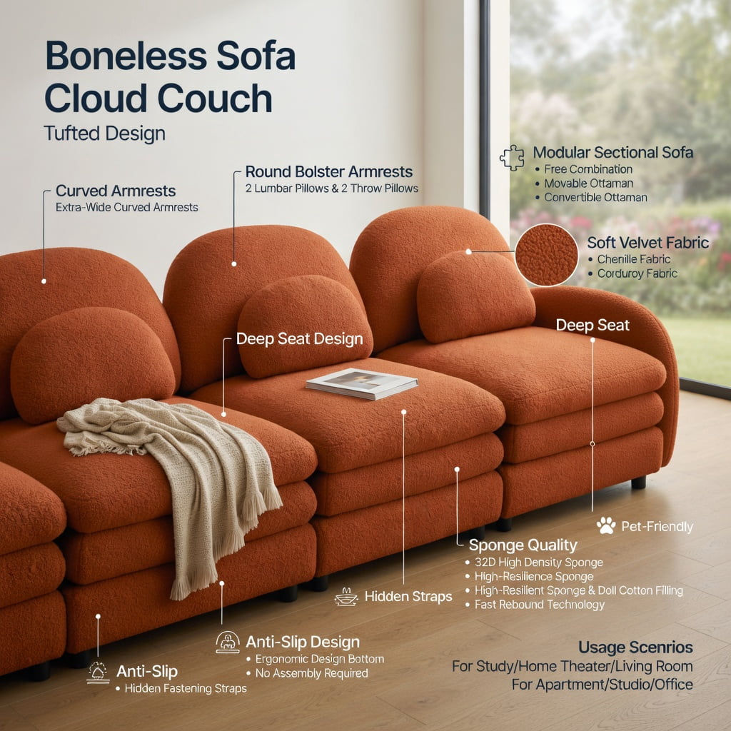 Hommoo Teddy Fleece 3-Seat Modular Sectional Sofa with Curved Backrest, Movable Ottoman & Cloud-Like Double-Layer Cushions, Orange