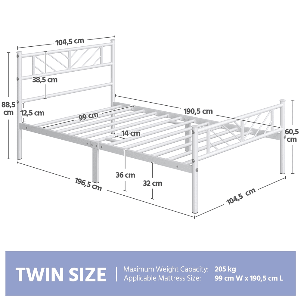 Fullfurnique Metal Adult Platform Bed with Arrow Design Headboard and Footboard, Twin, White