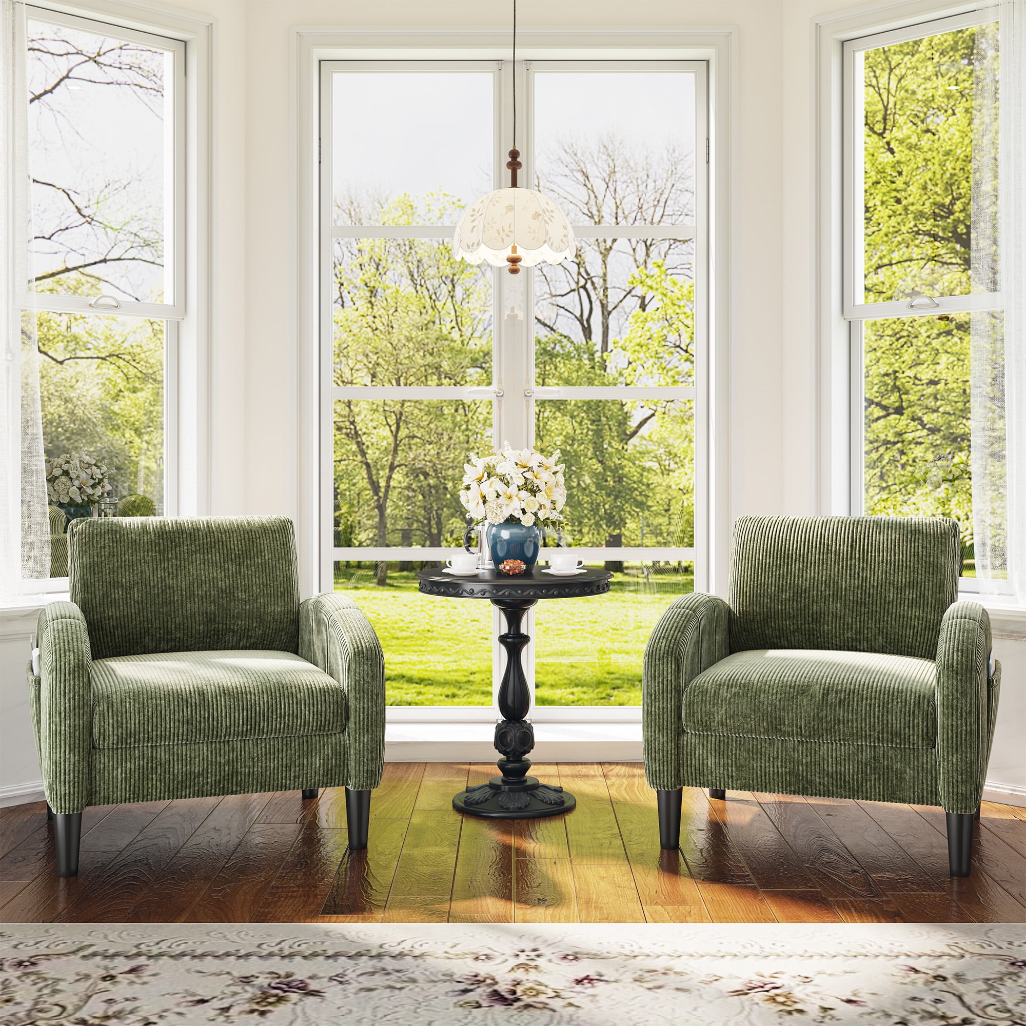 Romorgniz Mid Century Modern Accent Chair, Lounge Armchair with Extra Thick 6.3" Cushion & Side Pockets, Comfort Chair for Living Room, Bedroom, Apartment, Small Space, Forest Green