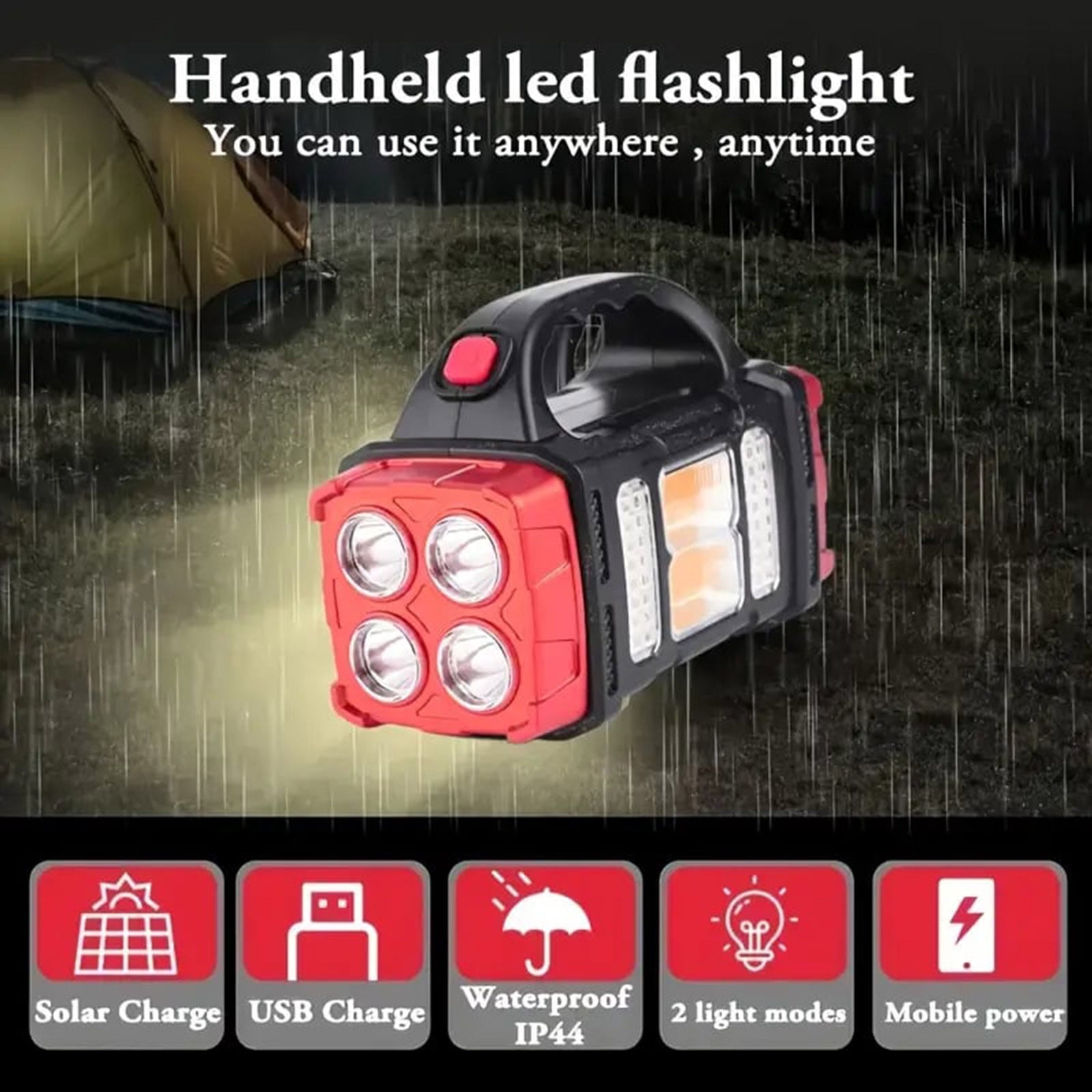Konghyp Camping Light – Multifunctional LED Solar Searchlight, COB Outdoor Emergency Light with Solar and USB Charging, Ideal for Camping, Hiking, and Outdoor Adventures.