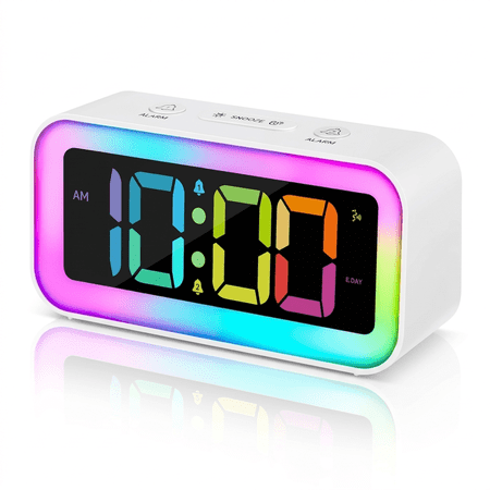 DAYBETTER Loud Digital Alarm Clock, 8 RGB Display, Adjustable Brightness, Dual Alarms & 7 Modes Night Light for Heavy Sleepers Students Adults,White