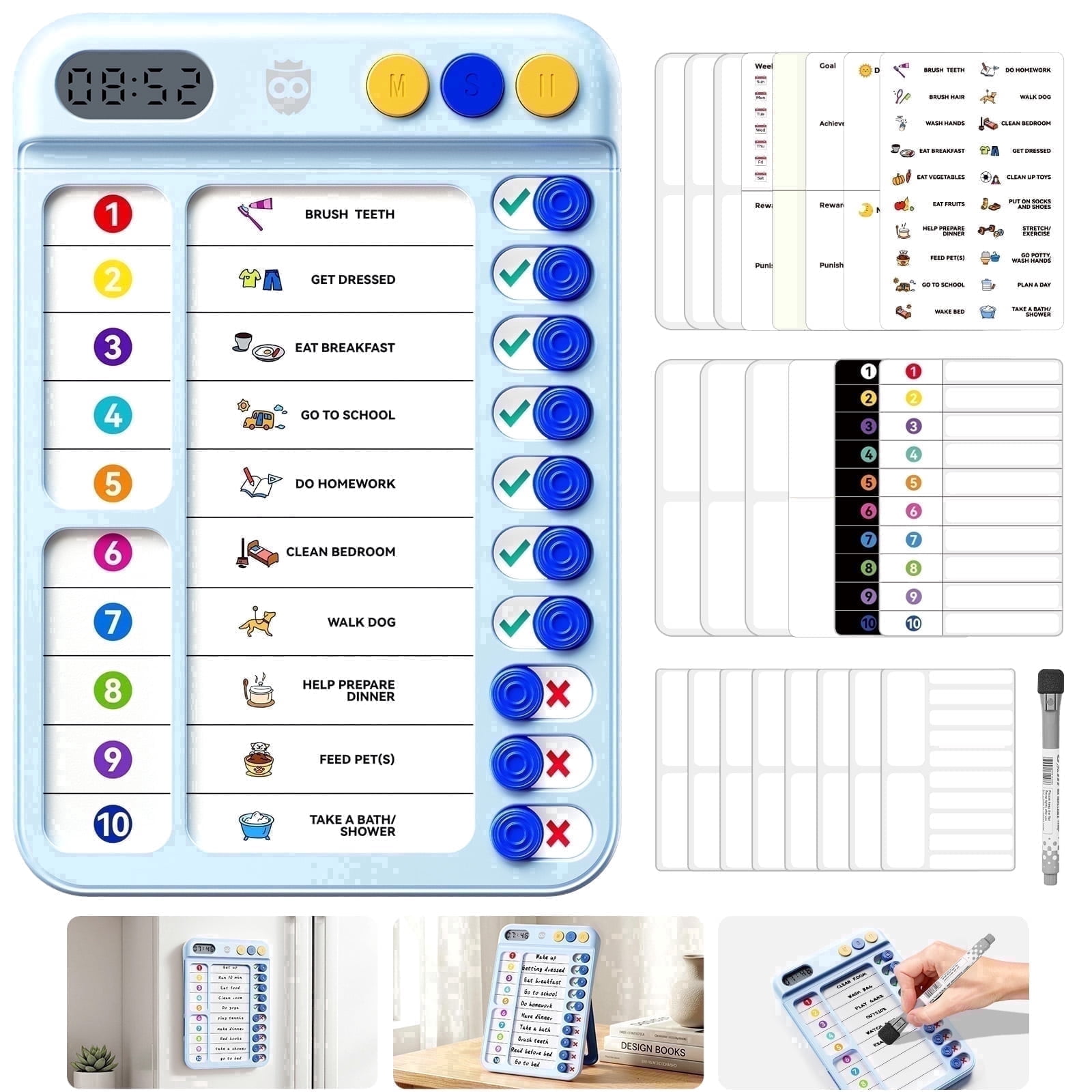 Owlprince Magnetic Chore Chart with Timer, ADHD Tools Visual Schedule Planning Board To Do List, Morning Bedtime Daily Routine Chart Checklist, Blue