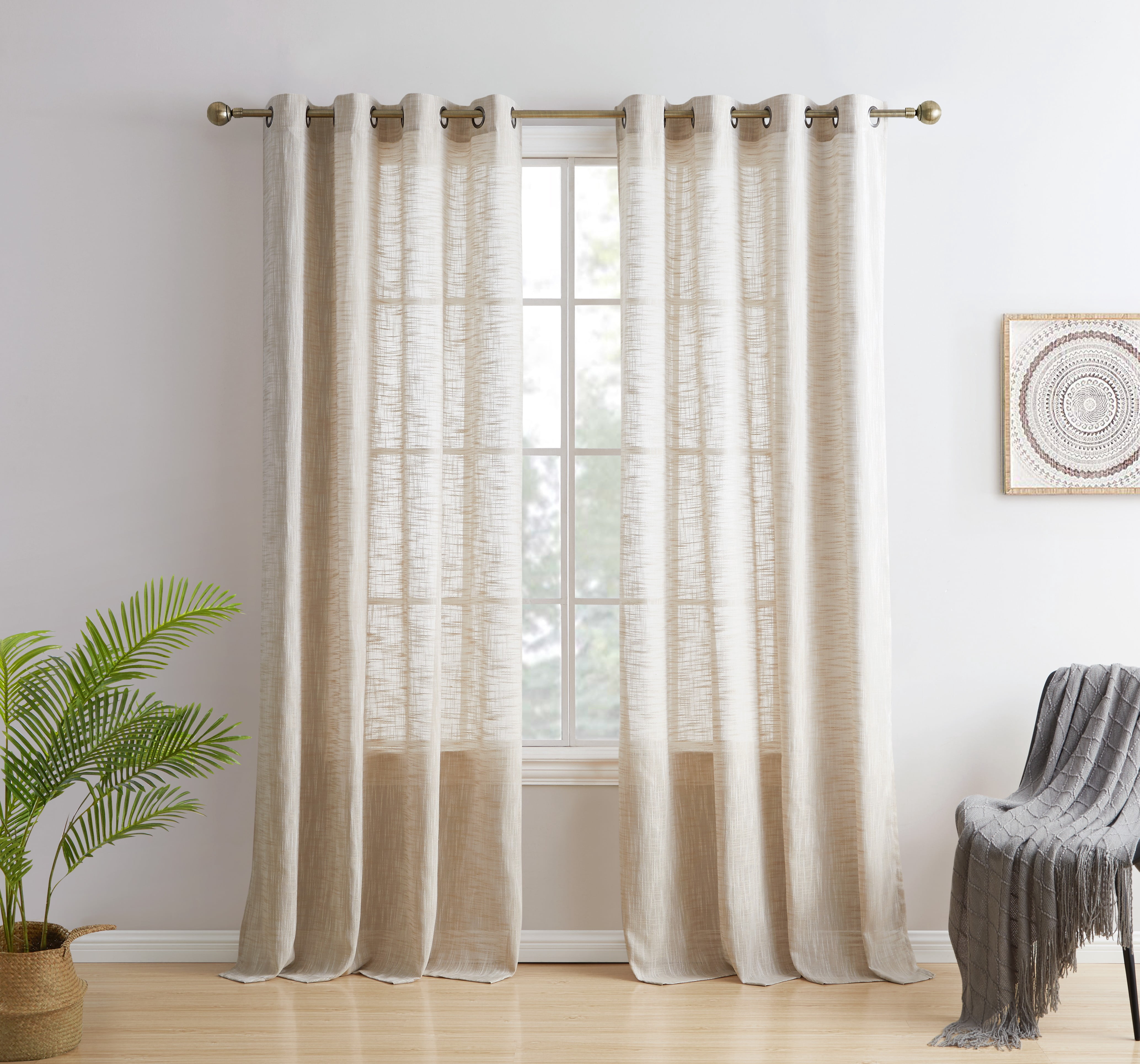 THD Harley Faux Linen Textured Semi Sheer Sun Light Filtering Window Grommet Curtain Panels, Set of 2 Panels
