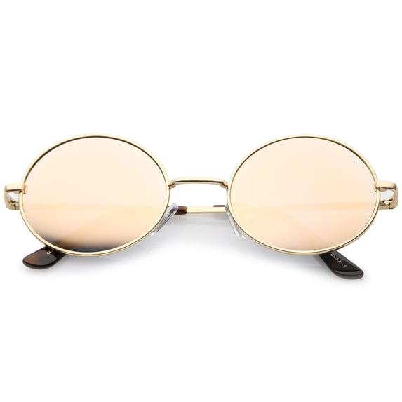 Classic Lightweight Slim Arms Colored Mirror Flat Lens Oval Sunglasses 50mm (Gold / Pink Mirror)