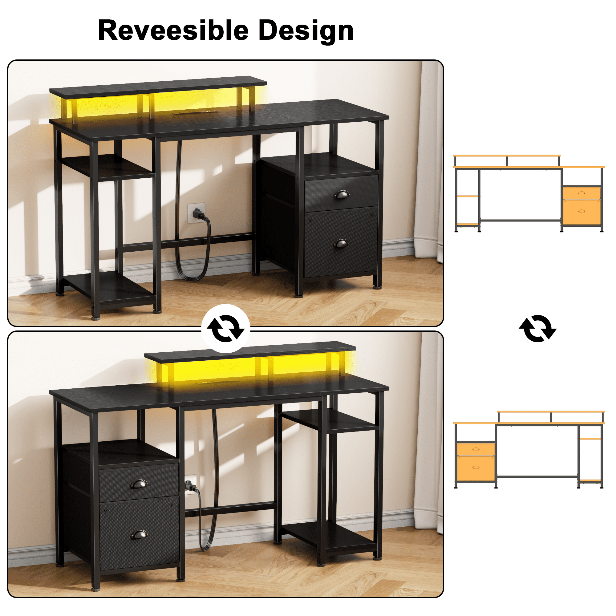 Satifur 51" Reversible 2-Tier Computer Desk with Power Outlet, LED Lights, File Cabinet & Storage Shelves,Black
