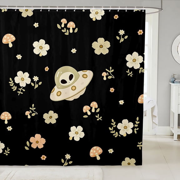 Manfei Kawaii Alien Ufo Shower Curtain 72Wx72L,Boho Wild Mushrooms Flowers Bathroom Curtain,Black Cream