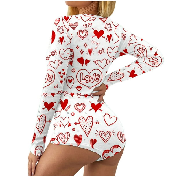 Body Sexy de manga larga con cuello en V y estampado sin posición para el Día de San Valentín para mujer, lencería Sexy, pijama, mono Fridja nalpqowj17946