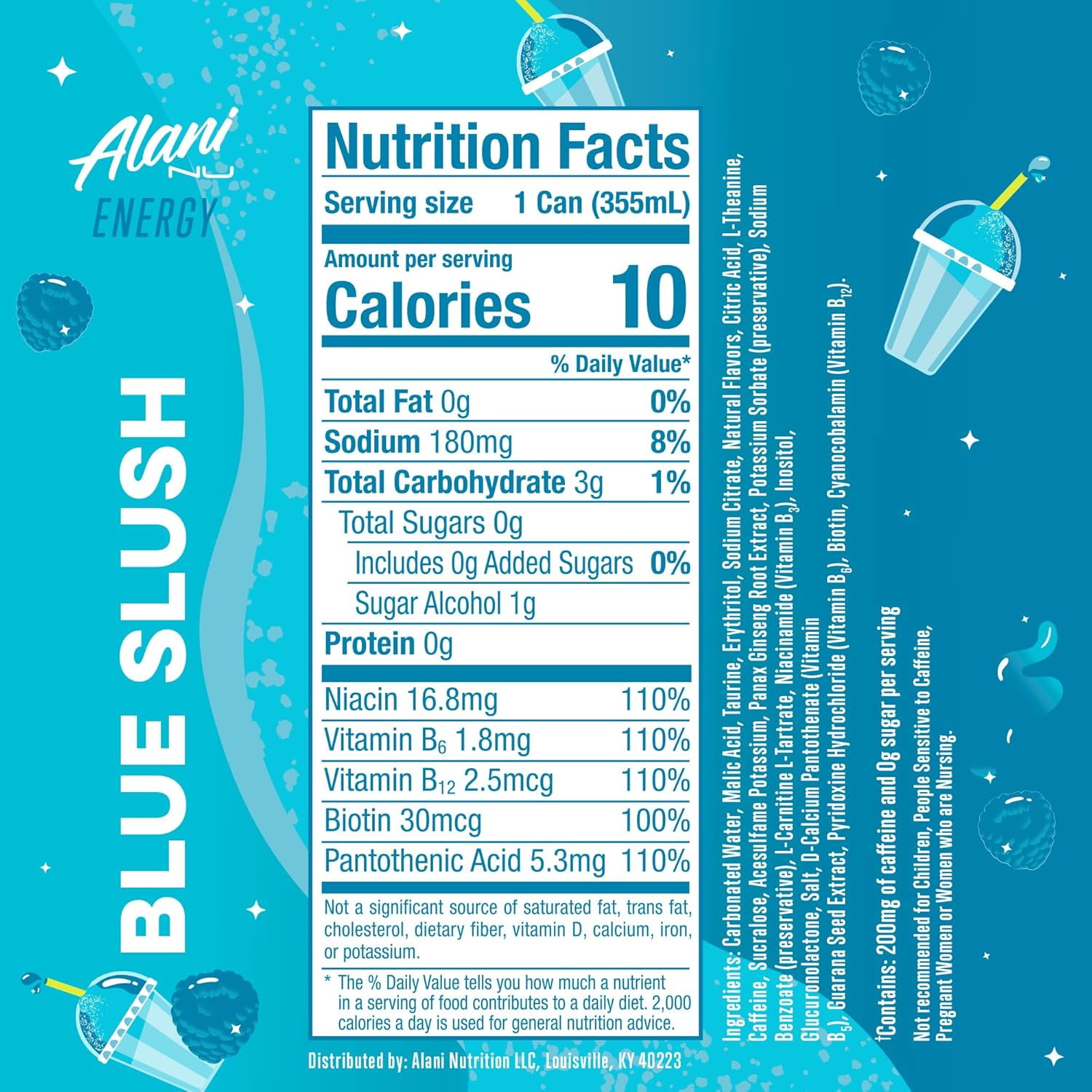 Alani Nu Sugar Free Energy Drink, Blue Slush, 12 fl oz, 12 Pack, Cans, 200mg Caffeine