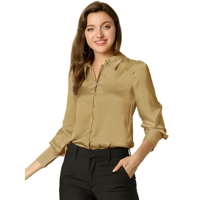 INSPIRE CHIC Women's Satin Workwear Collar Puff Long Sleeve Button Down Shirt