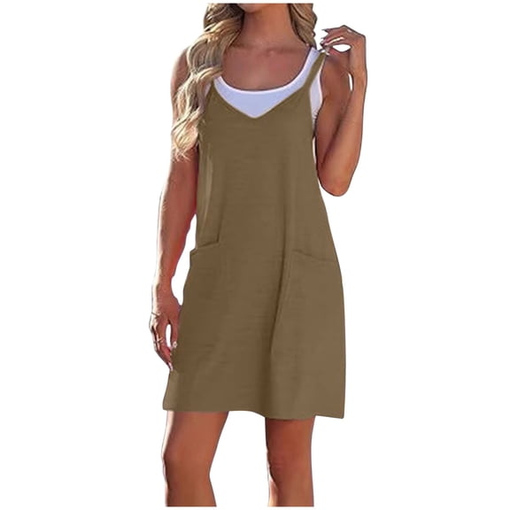 biudgviw Womens Casual Dresses Adjustable Straps Sleeveless Mini Dress Trendy Loose V Neck 2 in 1 Tank Dresses with Pockets