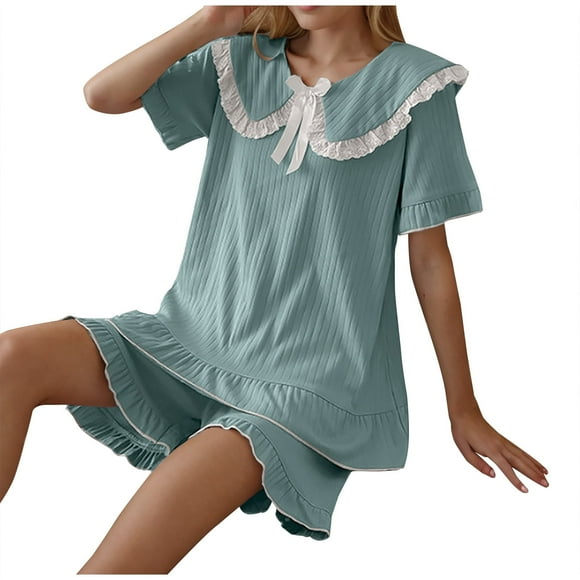 Cute Pajama Sets for Women in Clearance Womens Solid Pajama Set 2 Piece Short Sleeve Doll Collar Bow Lapel Shirt and Pants Loungewear Set Cute Sleepwear Ladies Pajamas Sets New Green XL