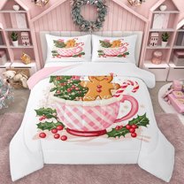 Manfei Rustic Christmas Flower Queen Comforter Set,Cute Gingerbread Man Bedding Sets,Red Xmas Berry Bedding Comforter Set For Girls,Microfiber Bedroom Decor Reversible,3 Pieces