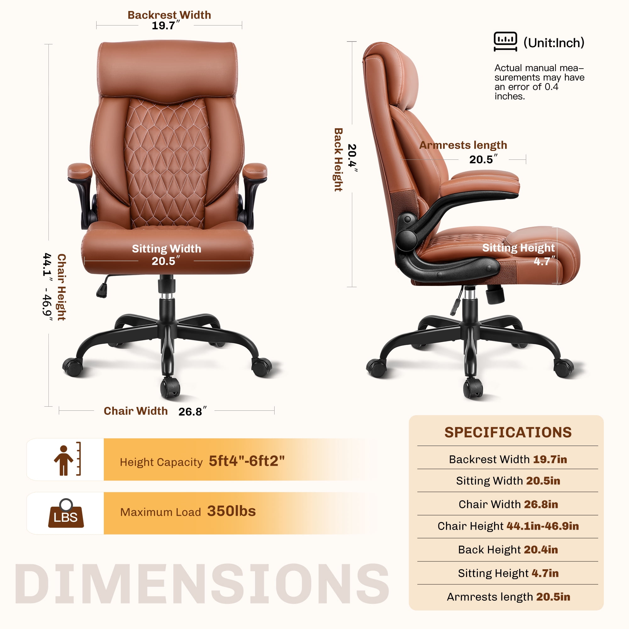 FASTES Office Chair, Ergonomic Computer Desk Chair with Rocking Function, Leather Chair with Adjustable Flip-up Armrests and Lumbar Support, Brown