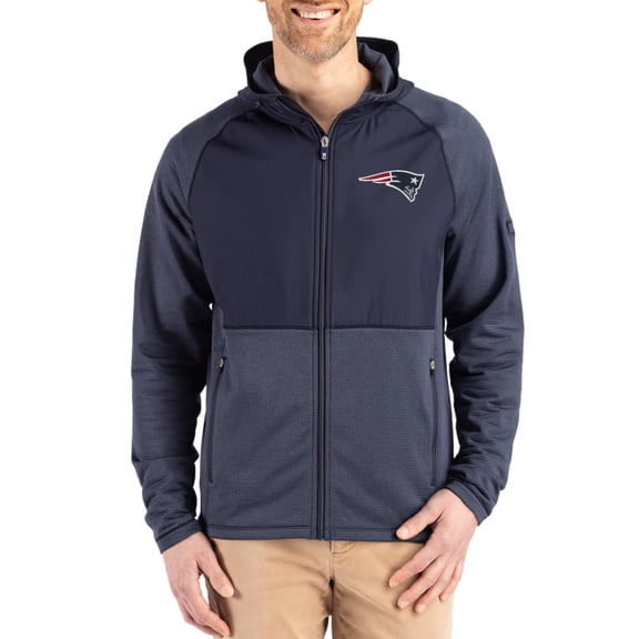 Men's Cutter & Buck  Heather Navy New England Patriots Peshastin Eco Fleece Recycled Raglan Full-Zip Tri-Blend Hybrid