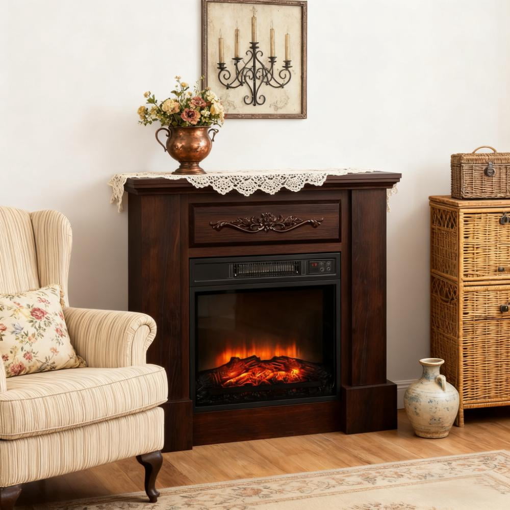 31" Electric Fireplace Mantel, Wood Entertainment Center with Electric Fireplace Heater and Remote Control, Elegant Tall TV Stand Suitable for Living Room, Bedroom