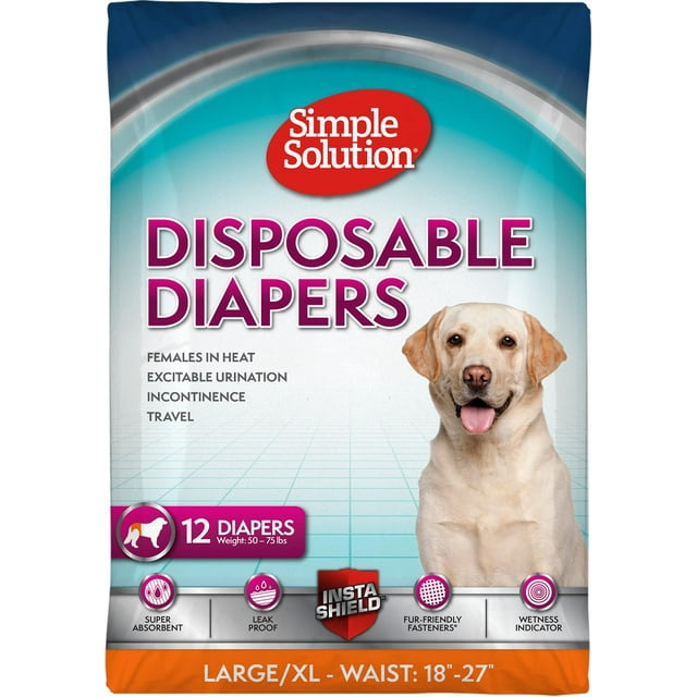 Simple Solution Couches Jetables pour Chiens pour Chiennes, Ajustement Véritable, Absorbantes, Anti-Fuites avec Indicateur d'Humidité, Tapis Menstruel TG pour Chiot et Toutou et Couche Pipi, pour Grands Animaux de Compagnie, Taille de 18-27 Pouces, Lot de 12