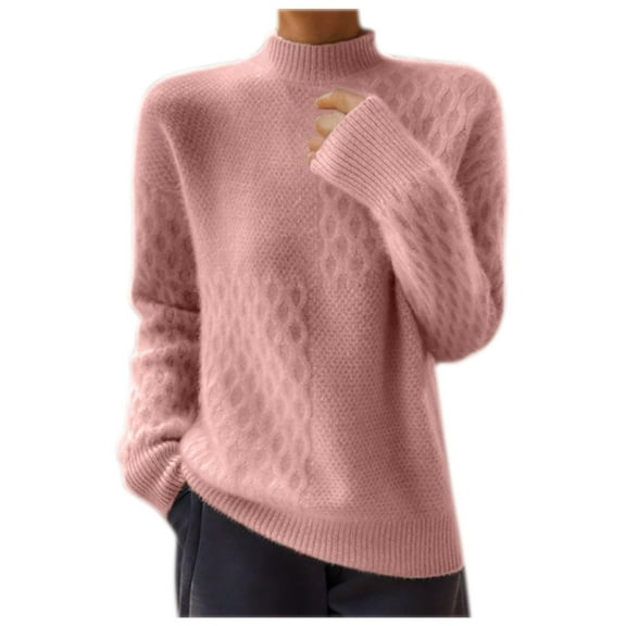 Olyvenn Women Turtleneck Warm Sweater Long Sleeve Comfortable Sweaters Casual Trendy Chunky Sweaters Wool Thickened Sweater Pink L