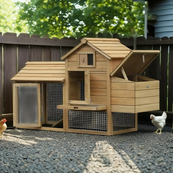 Pefilos 59" Outdoor Wooden Rabbit Hutch, Chicken Coop Hen Cage with Nesting Box, Openable Door, Bunny House for 2 Rabbits Chicken , Beige